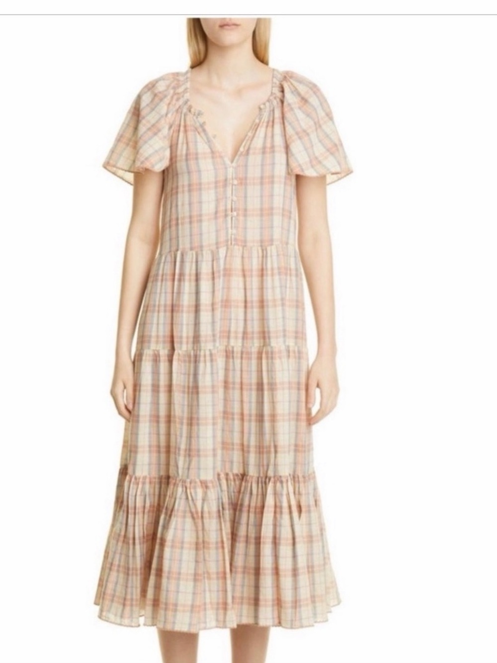 THE GREAT. Plaid Tiered Maxi Dress in Beige and Rust